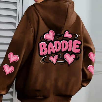 Women's Plus Size Oversized Hooded Sweatshirt 1XL-5XL - Cozy Baddie Graphic Hoodie with Heart Print, Long Sleeve Pullover, All-Season Casual Wear, Black Sweatshirt for Women Suitable for 1XL-5XL