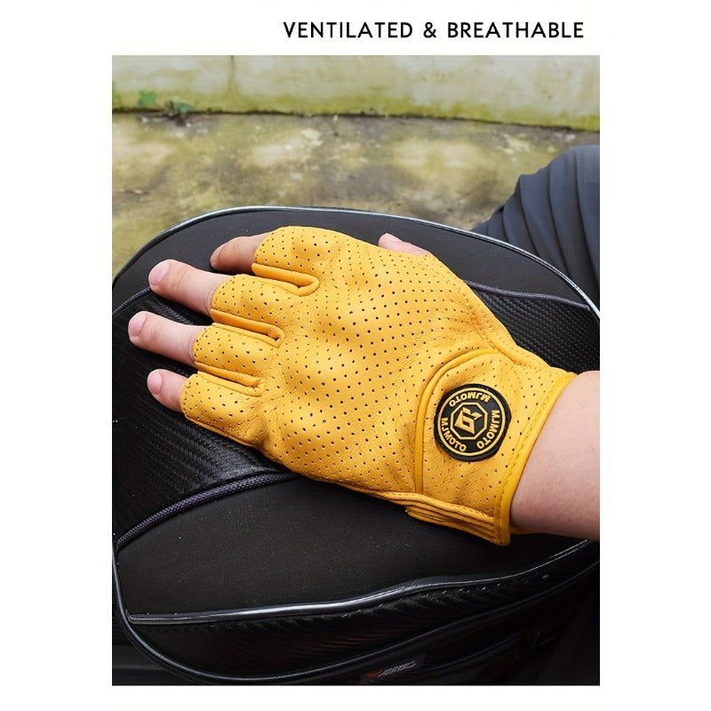 Men & Women' Retro Motorcycle Half-Finger Gloves - Yellow Breathable Riding with Hook-and-Loop Closure, Suitable for Motorbike, Dirt, Scooters, Commuting - Half-Finger for Throttle