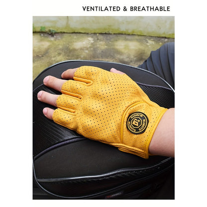 Men & Women' Retro Motorcycle Half-Finger Gloves - Yellow Breathable Riding with Hook-and-Loop Closure, Suitable for Motorbike, Dirt, Scooters, Commuting - Half-Finger for Throttle