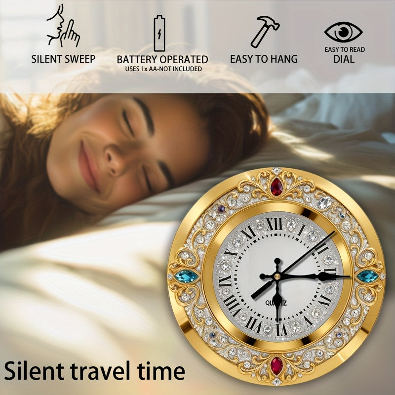 1pc 2D plane wall-mounted clock decoration, 10/12inch Golden multi-jewel crystal decorated wooden wall clock, diamond effect/pattern, no diamonds word wooden circular wall-mounted clock, wooden circular decorative clock with