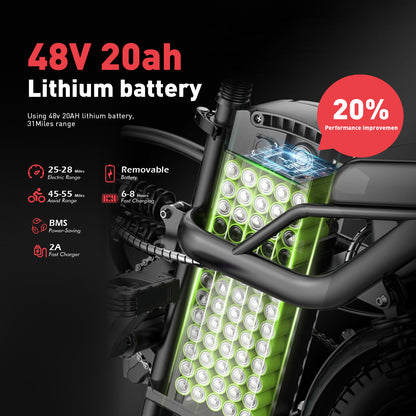 M1 Electric Bike For Adults,32 Miles Range,700W peak motor,20MPH Speed, 48V 20Ah Removable Battery, Dual Disc Brakes, Front And Rear Suspension & Commuter EBike, 14'' all-purpose tire, LCD Mileage Display
