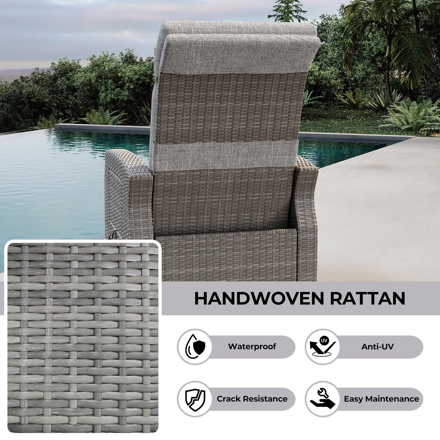 All-Weather PE Wicker Outdoor Recliner Chair with Adjustable Backrest & Footrest, Pop-Up Table & Air Pump Included - Heavy-Duty Patio Lounge Chair, Easy Assembly, Reclines to 155° Lay Flat (for poolside,, Balcony) - Low