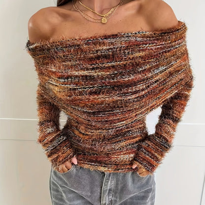 Elegant Long-Sleeve T-Shirt for Women with Off-Shoulder Design And Pleated Details, Perfect for Autumn And Winter Outings.