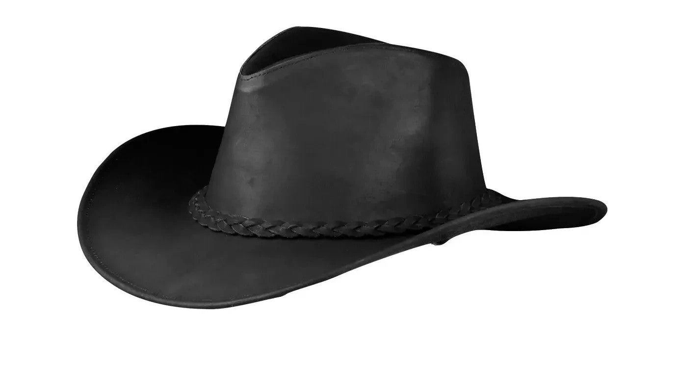 Men and Women Black Genuine Leather Cowboy Western Hat – Classic Ranch Style Outdoor Riding Accessory for Festivals, Country Events, Camping, Hiking, Line Dancing, Rodeo & Travel – Great Gift for Christmas, New Year, Wint