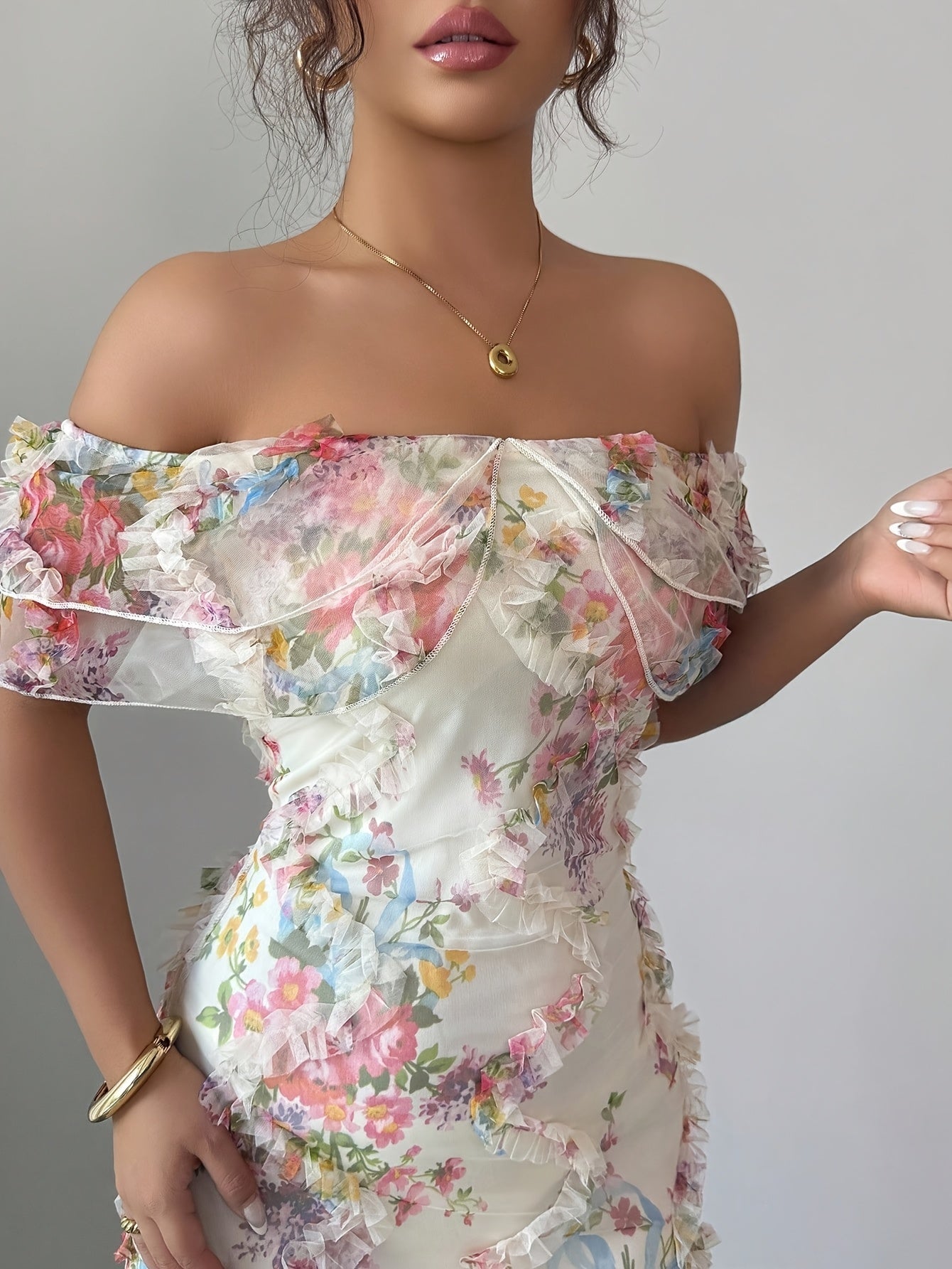 A Stylish And Romantic Off-Shoulder Bodycon Dress for Women, Featuring Ruffles And a Floral Sheer Design That Highlights The Waist