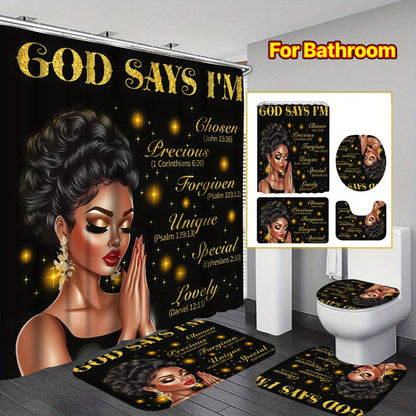 4pcs God Says I Am Bathroom Shower Curtain Sets, Praying African American Woman Shower Curtain Sets With Rugs, Inspirational Quotes Shower Curtain Set, With 12 Hooks, Bath Mat, U-shaped Bath Mat And Toilet Seat Cover, Decorat