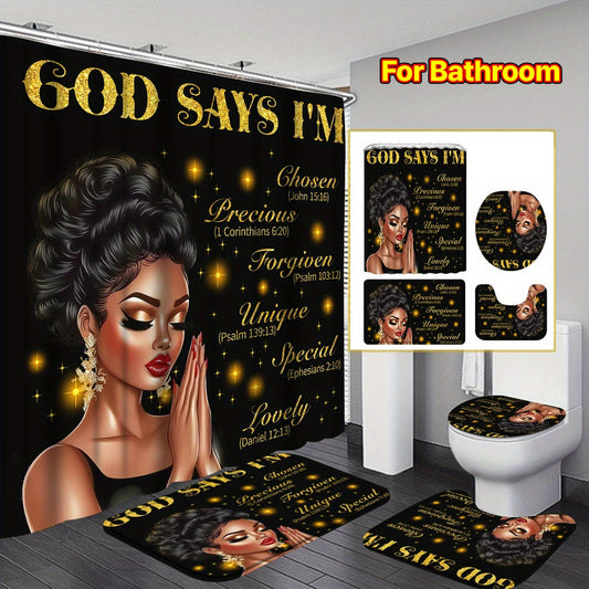 4pcs God Says I Am Bathroom Shower Curtain Sets, Praying African American Woman Shower Curtain Sets With Rugs, Inspirational Quotes Shower Curtain Set, With 12 Hooks, Bath Mat, U-shaped Bath Mat And Toilet Seat Cover, Decorat