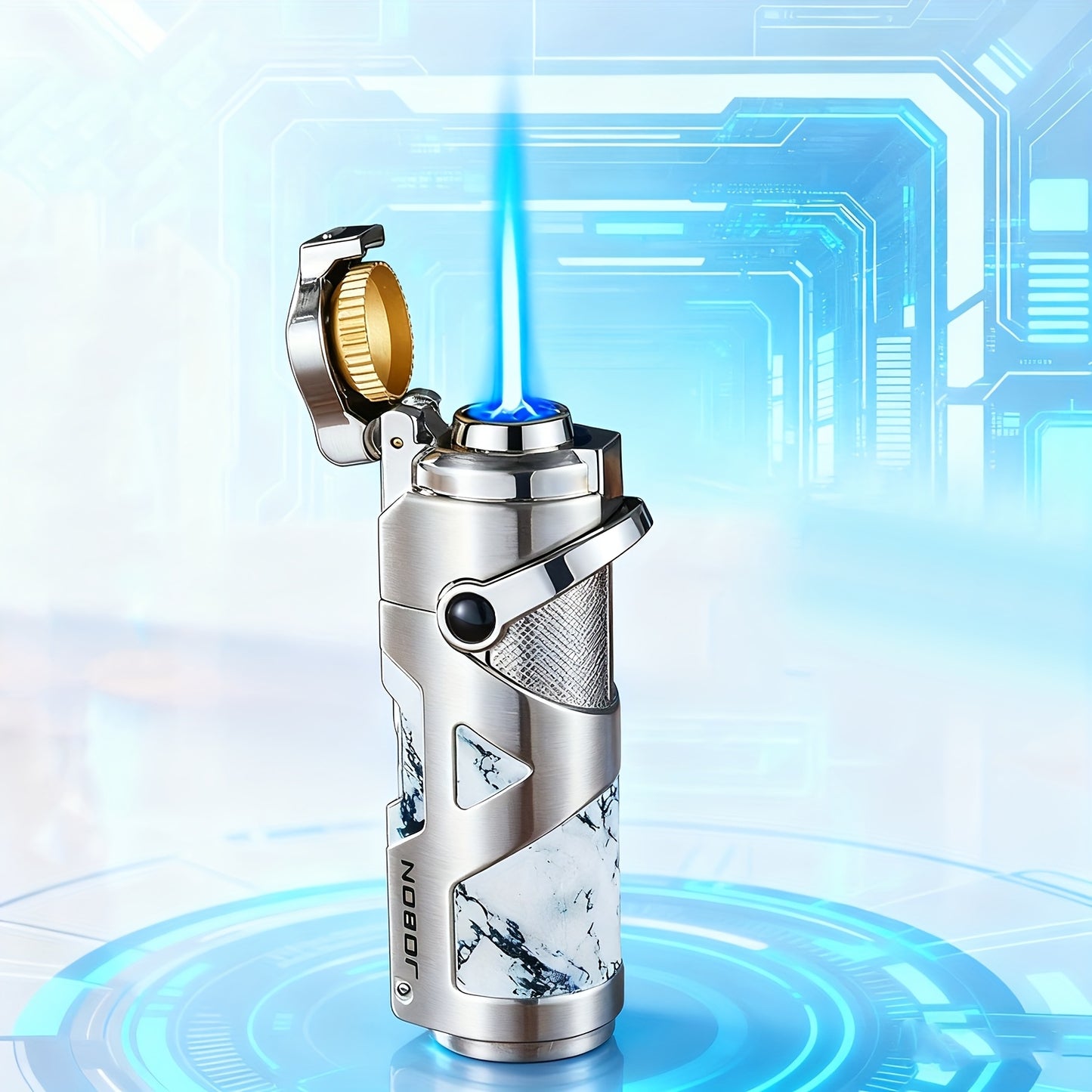 3-in-1 Windproof Refillable Butane Torch Lighter with Punch & Draw Enhancer - Jet Blue Flame Lighter Suitable for Camping, BBQ, Outdoor - Heavy-Duty Zinc Alloy (No Fuel Included)