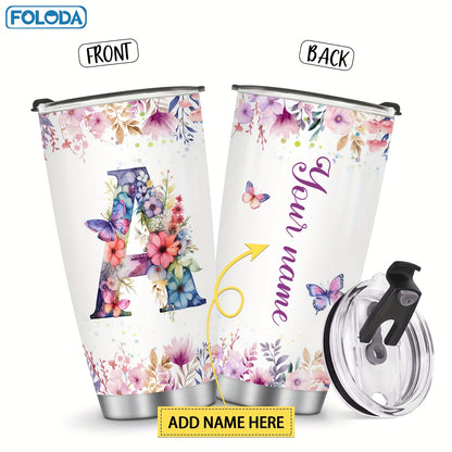 Foloda 1pc Personalized Flower Initials Tumbler Christmas Gift 20oz Mug with Letter Flower Butterfly, Travel Cup for Wedding Birthday Graduation Party, Birthday Valentine's Day Mother's Day Gifts Stainless Steel Mug with Lid