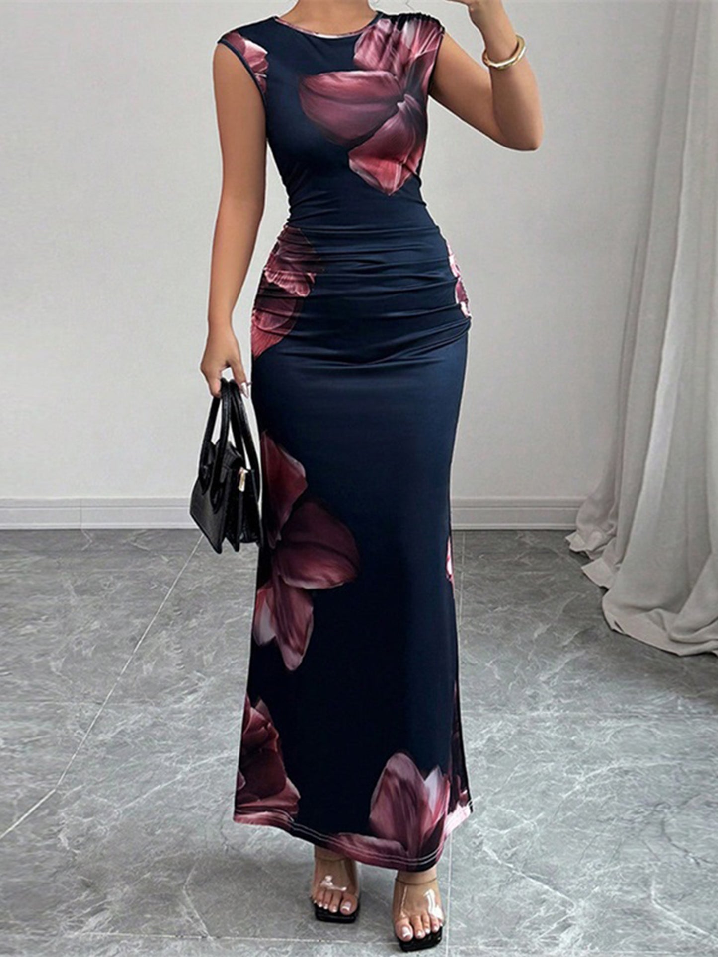 Floral Print Sleeveless Round Neck Long Dress for Women, Slim Fit, Perfect for Autumn Parties