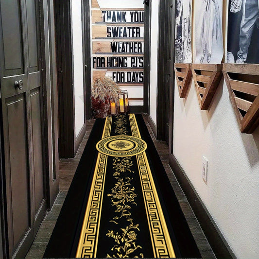 1pc HKStorage Greek Key & Medusa Printed Runner - Black & Golden Greek Key Pattern with Medusa Border, Long Entryway Hallway for High-Traffic Zones, Residential/Commercial Use, Hand Washable -like Luxury