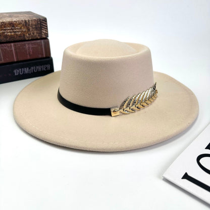 1pc Women'S Retro Wide-Brimmed Fedora Hat with Metal Crescent & Black Leather-like Band - Vibrant Orange/Red/Green/Black/Navy Blue/Purple/White - Elegant Non-Stretch Design for Autumn Winter, Music Festivals, Christmas & Dail