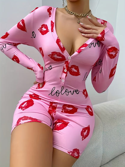 Women'S Sexy Long Sleeve Heart Lips Print Nightgown - Pink & Red Lips Design, V-Neck, Button-Front Closure, Stretchy Fabric, Spring/Fall Sleepwear