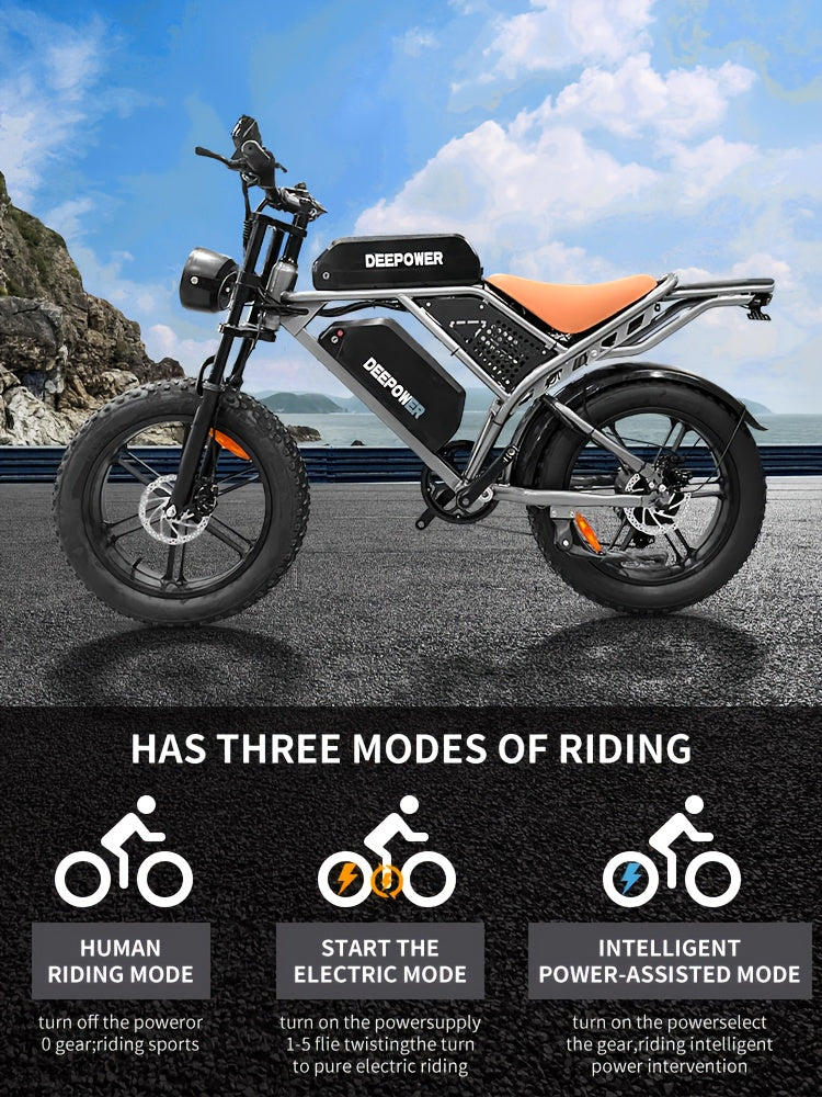Deepower Electric Bike QS7 740W 48V 20AH/35AH/60AH 20 Inch Fat Tire Adult Electric Bike 80 Miles Range Mountain Cross Country Dual Battery Electric Bike
