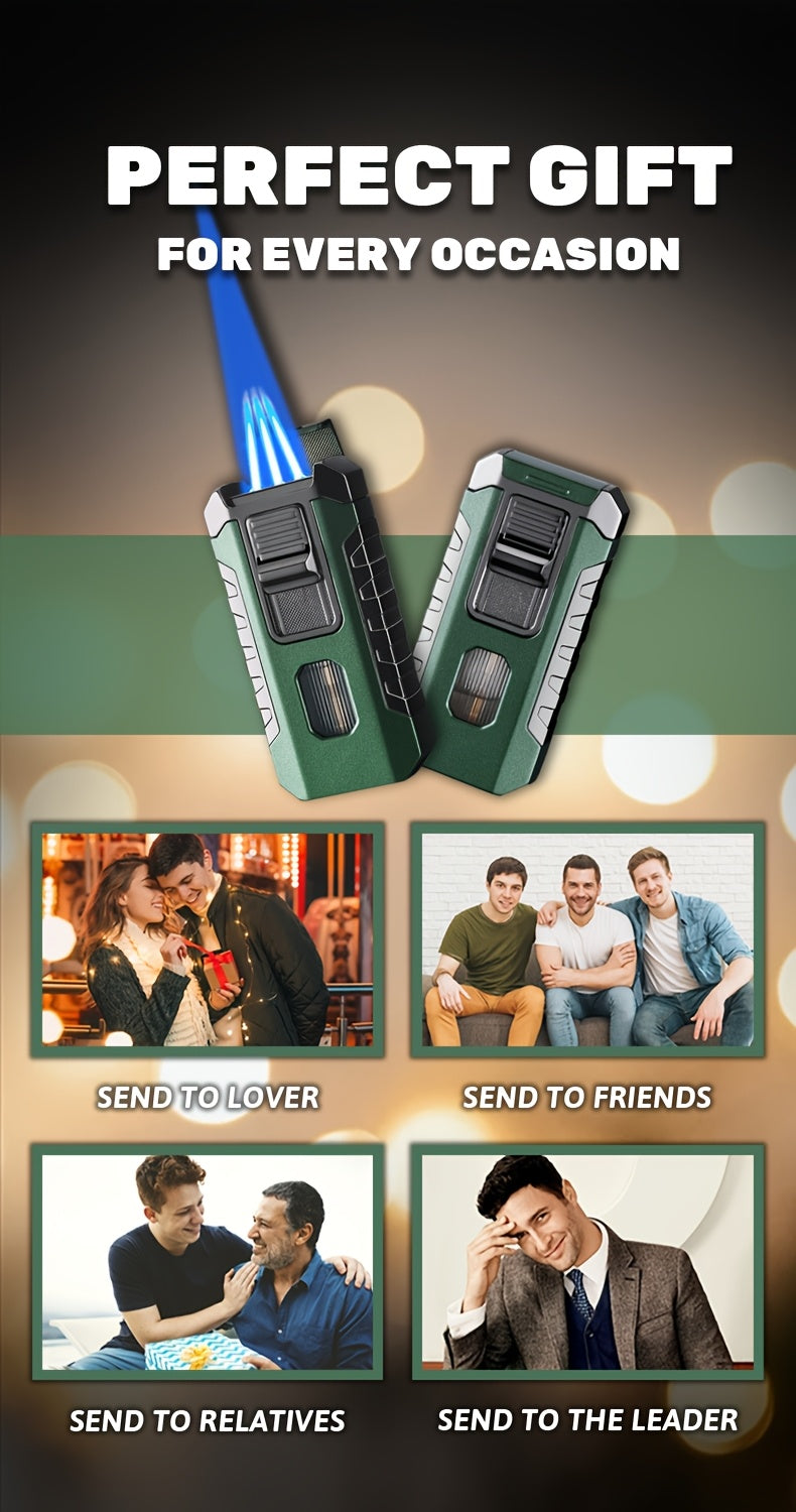 A Lighter That Resists Wind, Featuring a Triple Flame with Direct Injection, Made of Metal And Equipped with a Viewing Window. It'S a Refillable, Portable Lighter with an Adjustable Flame