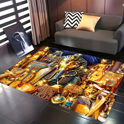 Egyptian Pharaoh-Inspired 3D Golden Area Mat - Machine Washable, Luxurious Velvet Decor for Living Room, Bedroom, Dorm | Ideal for Mother'S Day, Father'S Day, Graduation, Juneteenth, Independence Day, Rugs for Living Room
