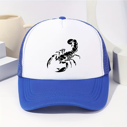 Unisex Scorpion Print Baseball Cap - Breathable Mesh Trucker Hat with Adjustable Fit for Outdoor Sports, Fishing & Casual Wear, Black with White Scorpion Design, Spring/Summer Collection, Spring Summer Cap | Stylish Headgear