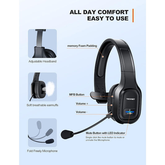 TECKNET Trucker Wireless Headphones with Microphone Noise Canceling Wireless On Ear Headset, Hands Free Wireless Headset for Cell Phone Computer Office Home Call Center skype (Black), Office Headphones, Call Center Equipment,