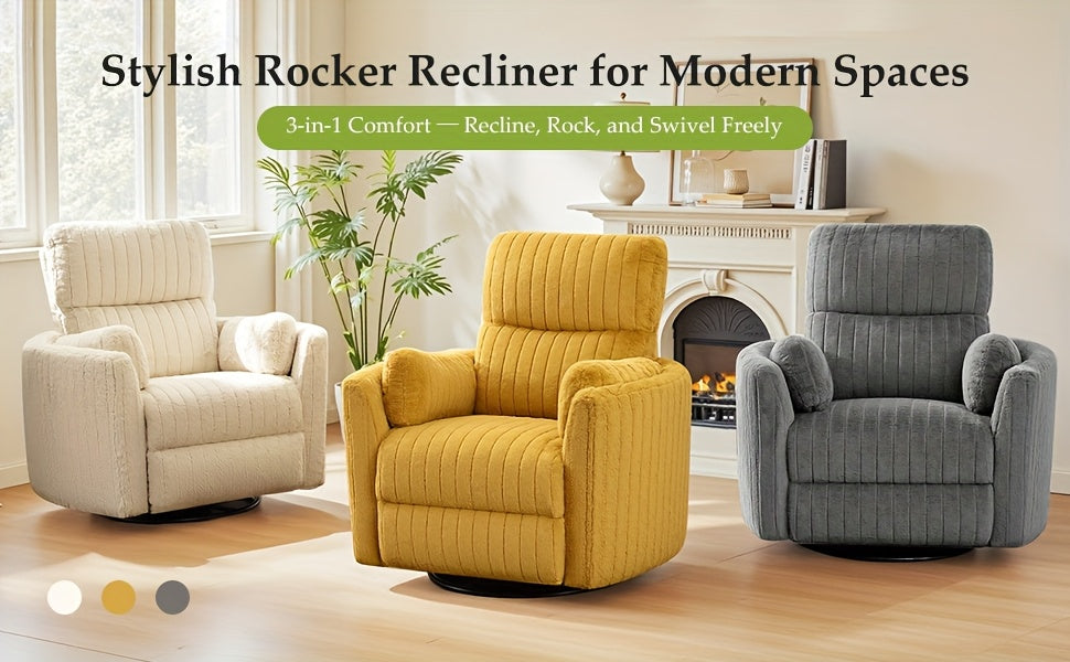 KERDOM 3-in-1 Electric Rocker Recliner Chair with 270° Swivel & Memory Foam, Heavy-Duty Rocking Recliner Sofa Bed with Global Voltage (110-240V), Plug-in Floor Design (No Wood Parts) - Beige/Yellow/Gray