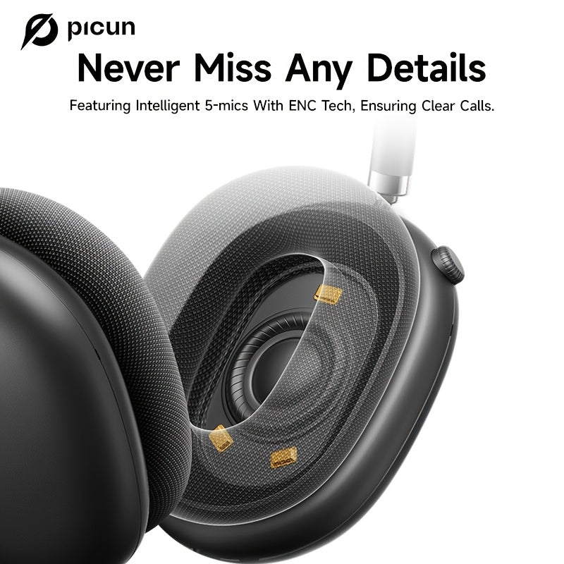 Picun F8Pro Wireless Over-Ear Headphones with 52dB Hybrid ANC, Hi Res Audio, 140H Playtime, Dual Device Pairing, 5 Mic ENC & Detachable Fabric Cushions All Day Comfort for Work & Travel, Picun