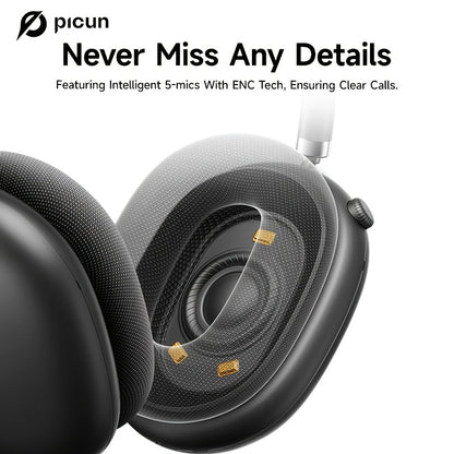 Picun F8Pro Wireless Over-Ear Headphones with 52dB Hybrid ANC, Hi Res Audio, 140H Playtime, Dual Device Pairing, 5 Mic ENC & Detachable Fabric Cushions All Day Comfort for Work & Travel, Picun