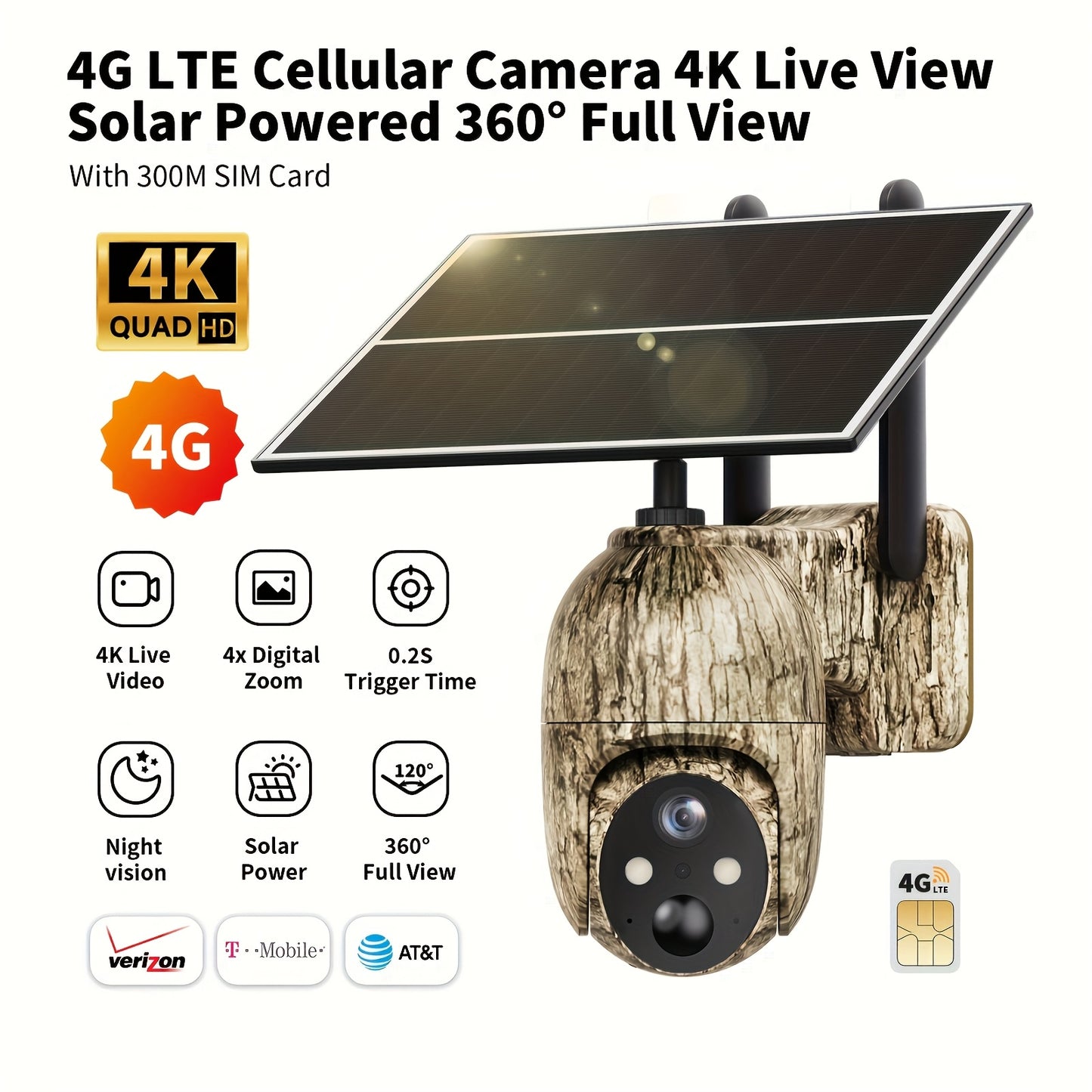 SEHMUA 4G Solar LTE Cellular Trail Camera With 360° Pan Tilt & 2-Way Audio, 4K Live View, Security Cameras Wireless Outdoor, 0.2s Trigger, HD Night Vision, Built-in SIM Card With 7-Day FREE Data, Waterproof For Hunting & Sec
