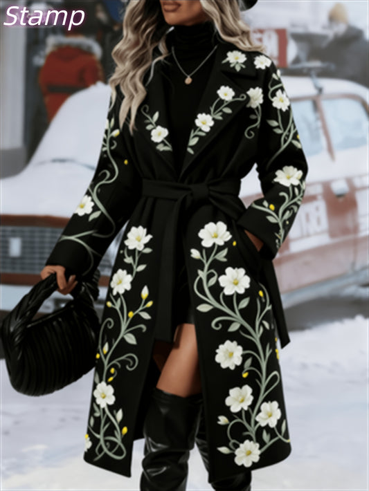 Fashionable And Elegant - Winter New Arrival - Women's Long Trench Coat - Warm And Simple - Double-Breasted Buttons With Belt - Featuring Floral Vine Print