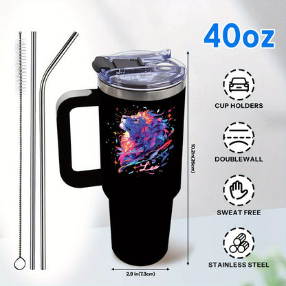 1pc 1pcs 1pc 1pcs (singular/plural Acceptable) 40oz Leo Zodiac Stainless Steel Water Bottle with Straw & Handle - Thermal Bottle, Leakproof for 24H Hot/Cold, Lion Design & Zodiac Sign Gift Suitable for Birthdays, Christmas, O
