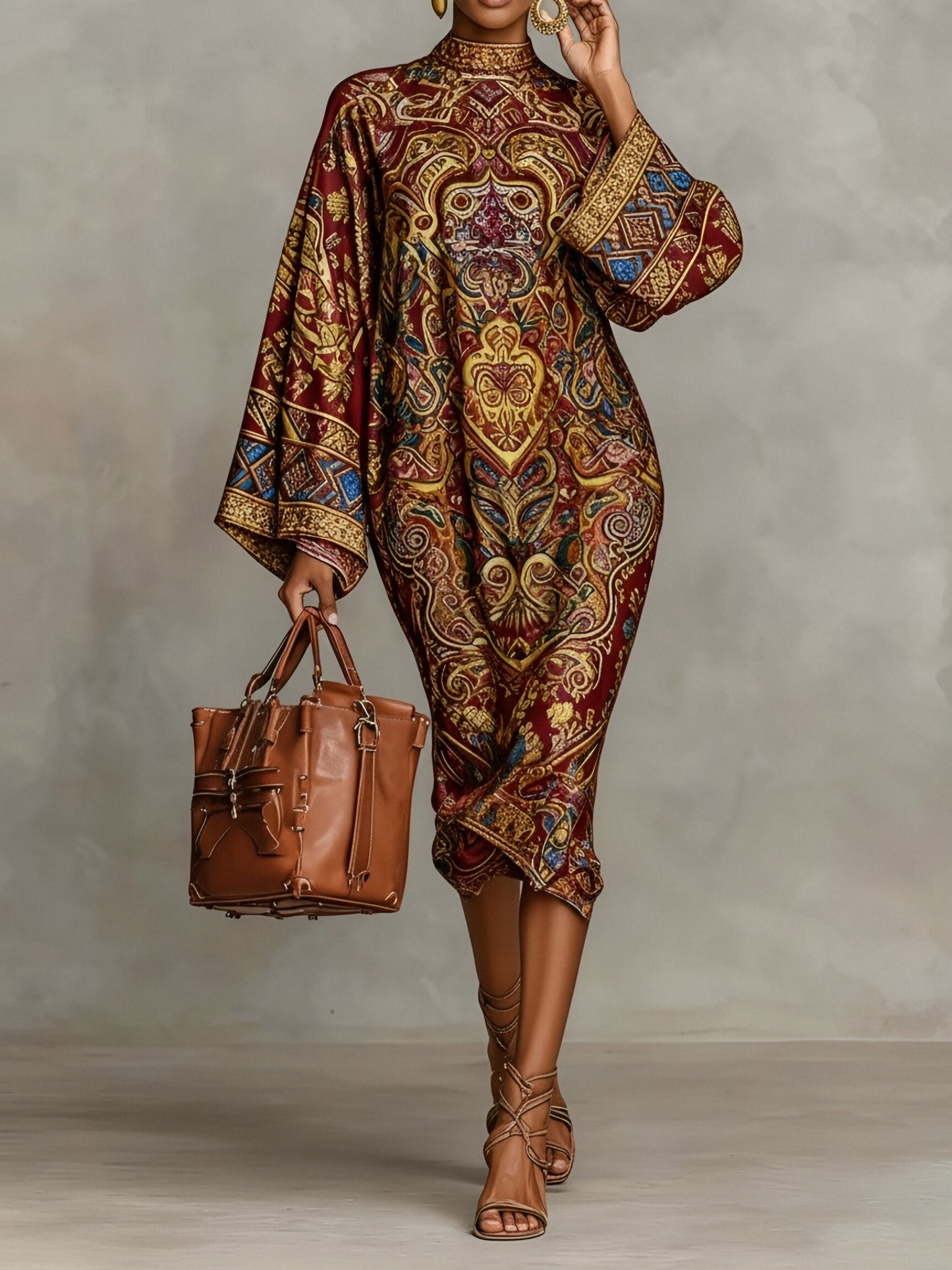Women's Winter Dress - Vintage High Neck Long Sleeve Midi Length Dress with Mysterious Print, Loose Fit Commuter Style, Machine Washable Elegant Outerwear for, & Semi-Formal Events (Non-)