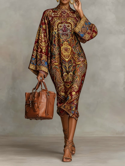 Women's Winter Dress - Vintage High Neck Long Sleeve Midi Length Dress with Mysterious Print, Loose Fit Commuter Style, Machine Washable Elegant Outerwear for, & Semi-Formal Events (Non-)