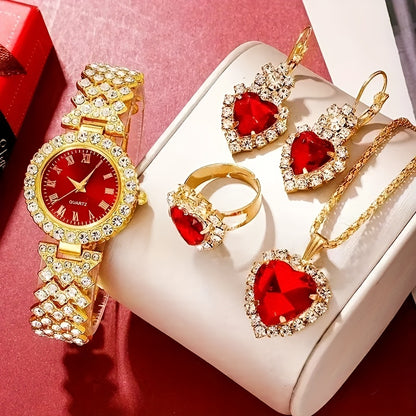 5pcs Golden Luxury Women'S Rhinestone Ring Necklace Earring And Wrist Watch Set, Elegant Ladies Bracelet Watches Jewelry Set, Jewelry for Women, Special for Party And Gifts, Lucky Gifts Holiday Presents are Exclusively Provid