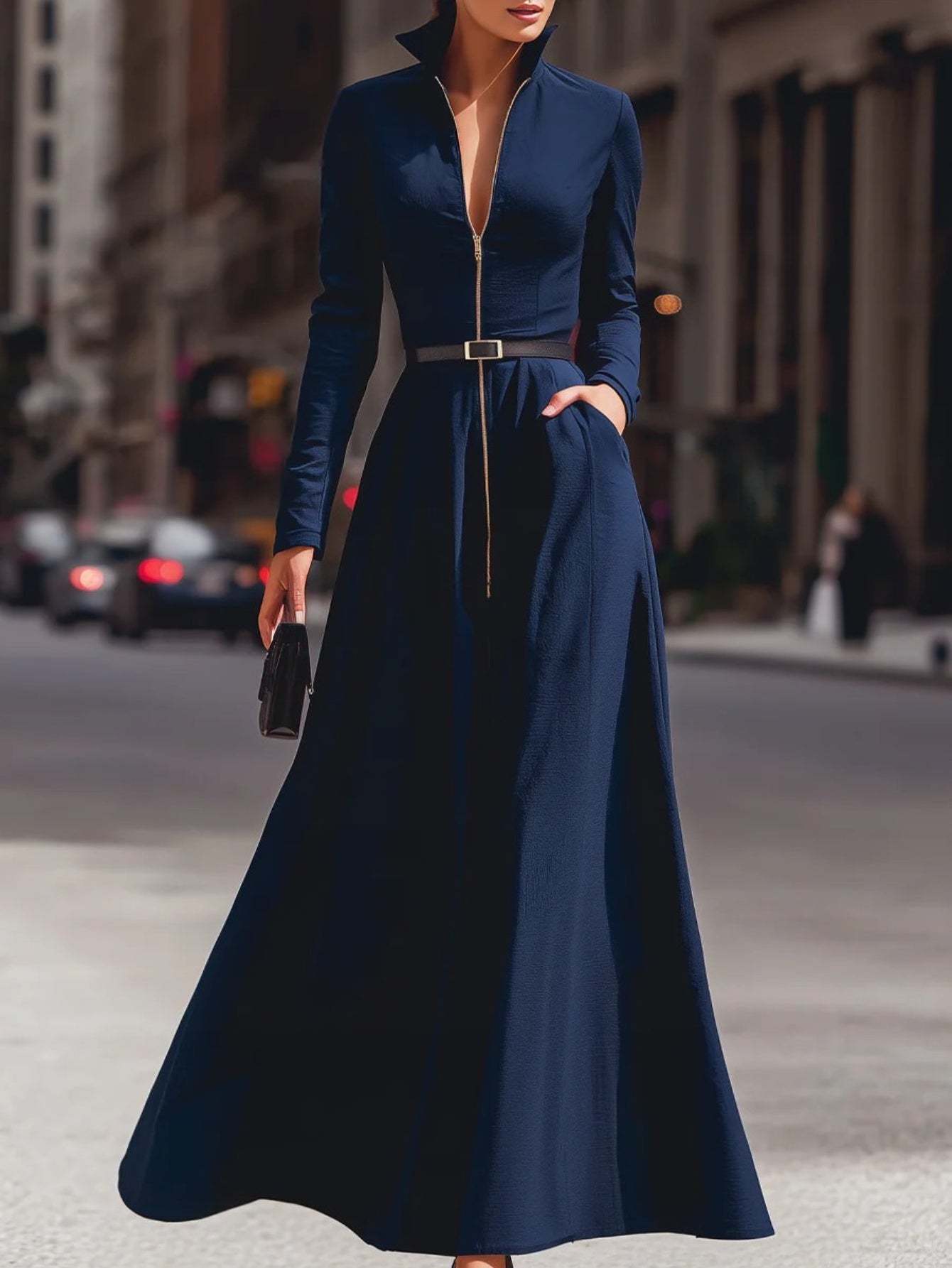 Elegant Women's Dress with a Lapel, Long Skirt, Long Sleeves, Zipper Details, Advanced Tailoring, Waist Cinching,, Flared Design, Fashionable, Elegant, Full of Aura, Queen-like Style, Suitable for Autumn Dates, Parties, Dinne