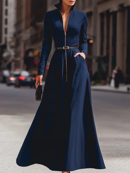 Elegant Women's Dress with a Lapel, Long Skirt, Long Sleeves, Zipper Details, Advanced Tailoring, Waist Cinching,, Flared Design, Fashionable, Elegant, Full of Aura, Queen-like Style, Suitable for Autumn Dates, Parties, Dinne