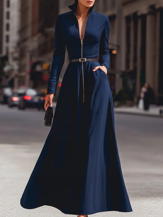 Elegant Women's Dress with a Lapel, Long Skirt, Long Sleeves, Zipper Details, Advanced Tailoring, Waist Cinching,, Flared Design, Fashionable, Elegant, Full of Aura, Queen-like Style, Suitable for Autumn Dates, Parties, Dinne