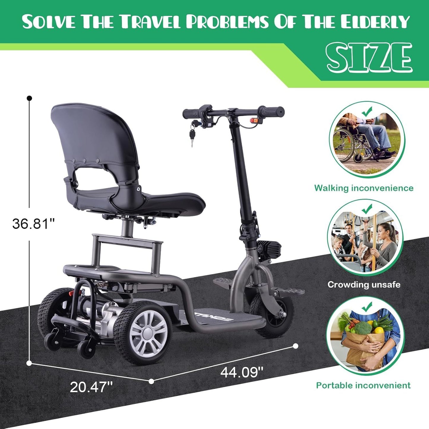 Premium Big Wheel Mobility Scooter for Seniors Adults, Electric Scooter with16'' Front Wheel, Adjust Height Seat and Foldable Handlebar, Led Lights, Max Load 300lb, Charger Included