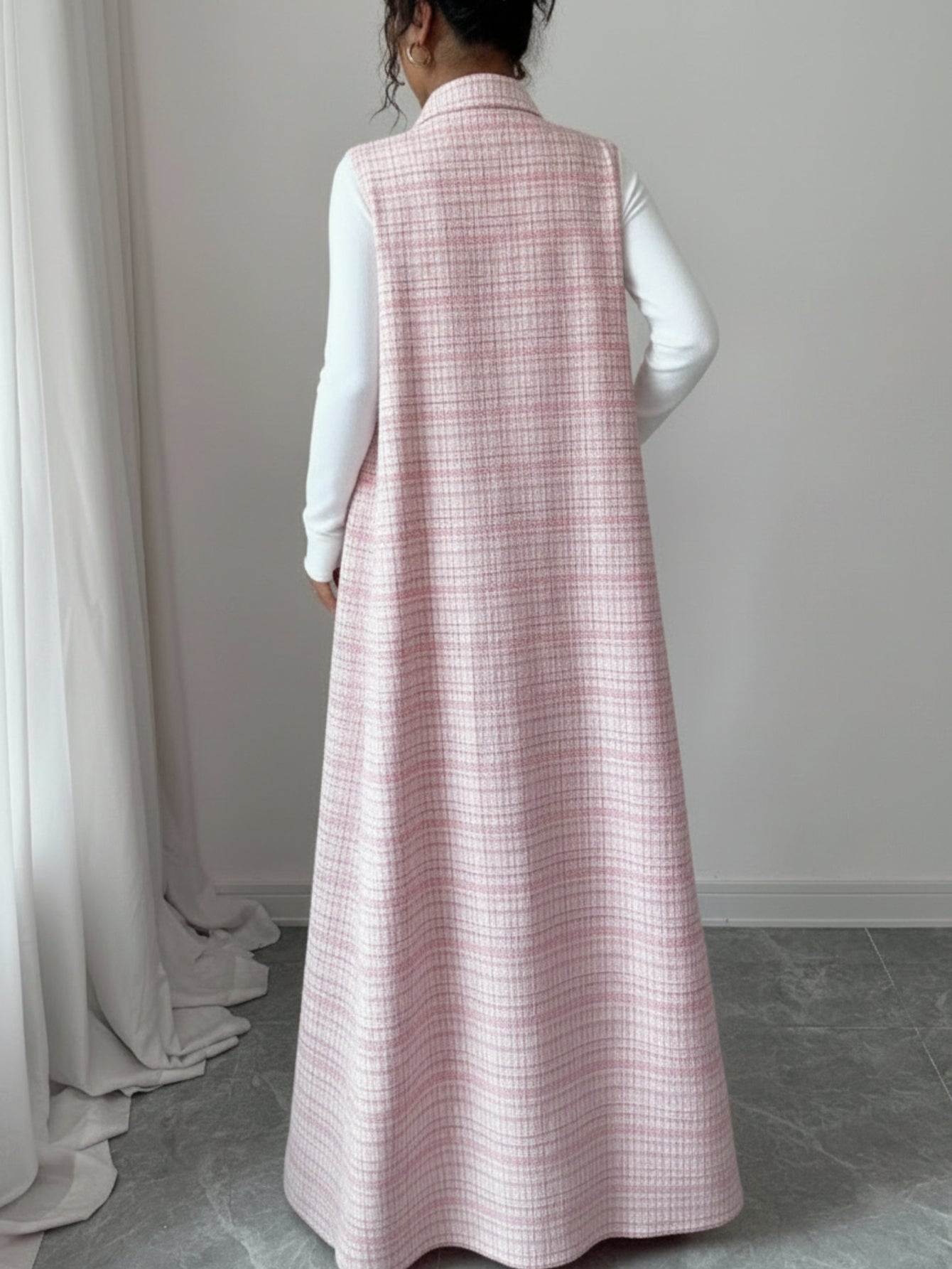 Pale Pink Plaid Fashionable Lapel Long Vest Wide Leg Pants Suit for Women | Elegant Daily Streetwear and Casual Socialasions Design Vibe