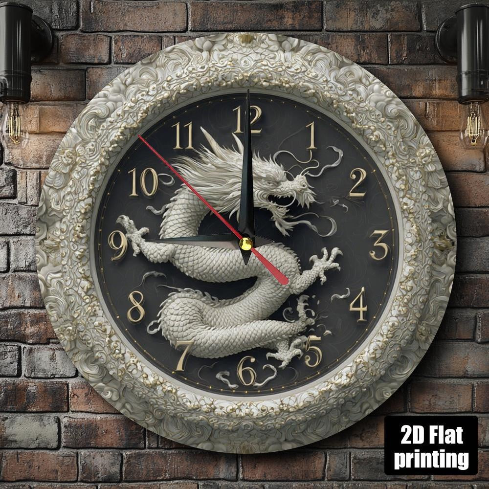1pc Asian Dragon Wall Clock - Large Face with Black Hands & Golden Hands, Beige/White/Gray/Black Wood Frame - Non-Ticking Silent Sweep Movement - Easy-to-Read Analog Clock for Living Room, Kitchen, Office, Birthday/Holiday Gi