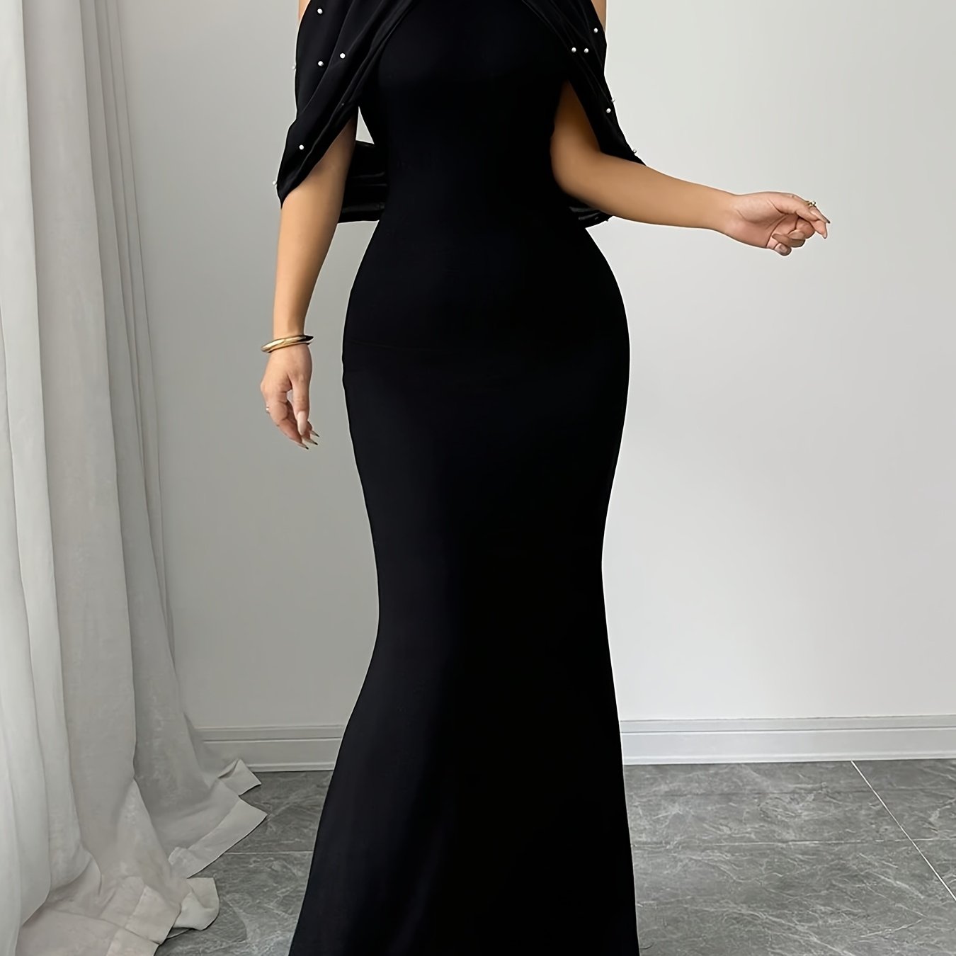 Women's Elegant Off-Shoulder/One-Shoulder Mermaid Dress with Beaded Asymmetrical Hem & Lantern Sleeves - Slim-Fit Formal Party Wedding Gala Gown, Machine Washable Black Evening Dress for all-Season wear