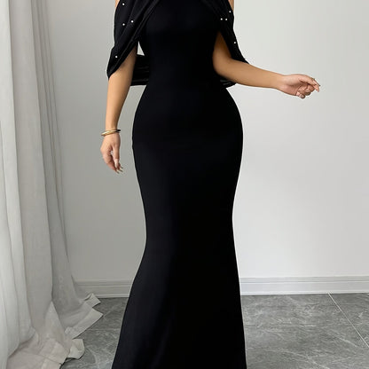 Women's Elegant Off-Shoulder/One-Shoulder Mermaid Dress with Beaded Asymmetrical Hem & Lantern Sleeves - Slim-Fit Formal Party Wedding Gala Gown, Machine Washable Black Evening Dress for all-Season wear