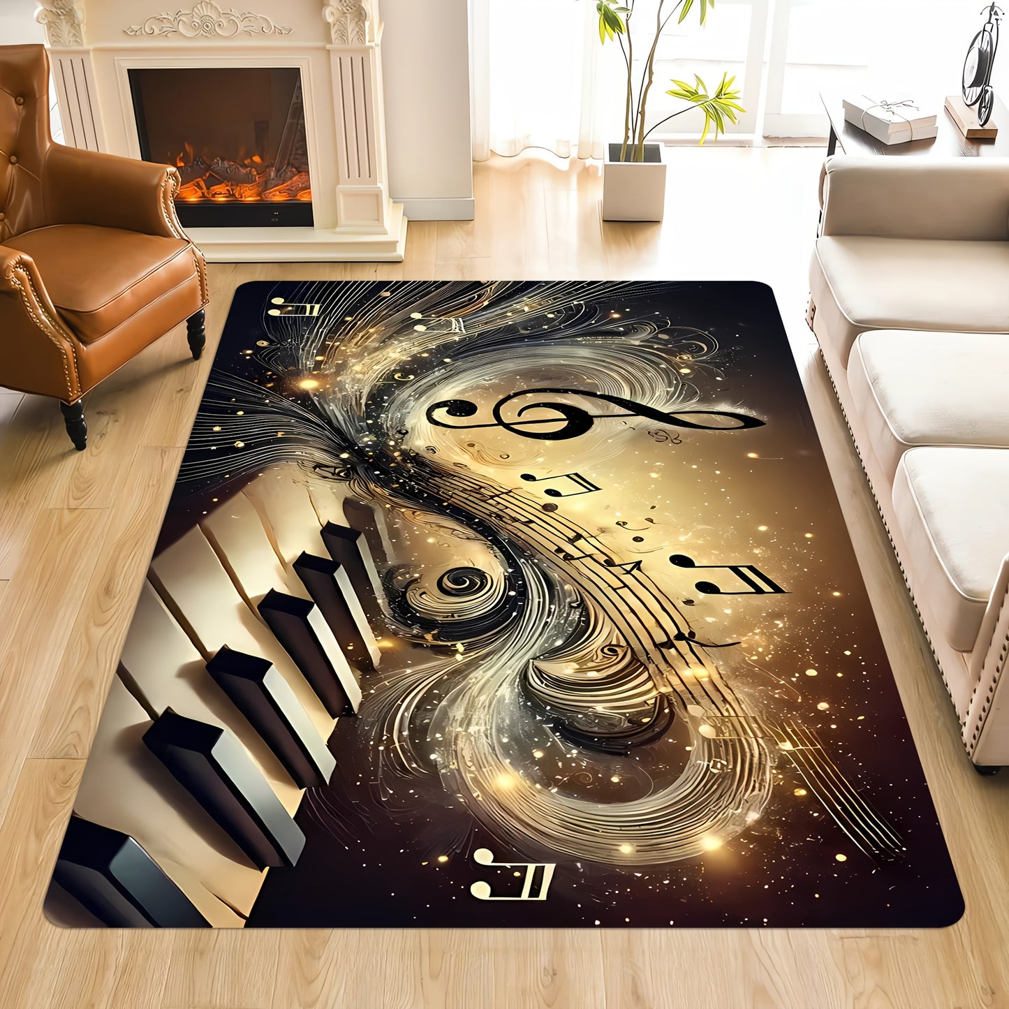 Elegant Musical Note Area Mat - Lightweight, Easy to Clean Polyester Floor Mat with Golden Treble Clef Design for Living Room, Bedroom, Dining Room, Home Office, Bathroom Decor - Perfect Gift for Music Lovers, Music Room Deco