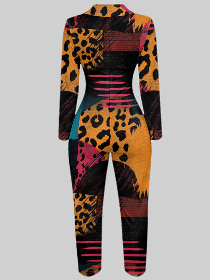 Ladies' Four-season Long-sleeved Sexy Jumpsuit, Front Zipper Design, Light Style, Fashionable Full-print, Perfect for Daily Outings and Casual Wear, Fashionable and Sexy Outfit