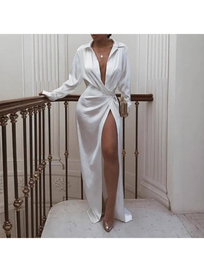 Women's Elegant Split Forked Long Dress with Lace-Up Long Sleeves - -Length Formal Wedding Guest Gown, Year-Round Party Dress, Machine Washable & Dry Cleanable, All-Season Wear (No Sheer Panels)