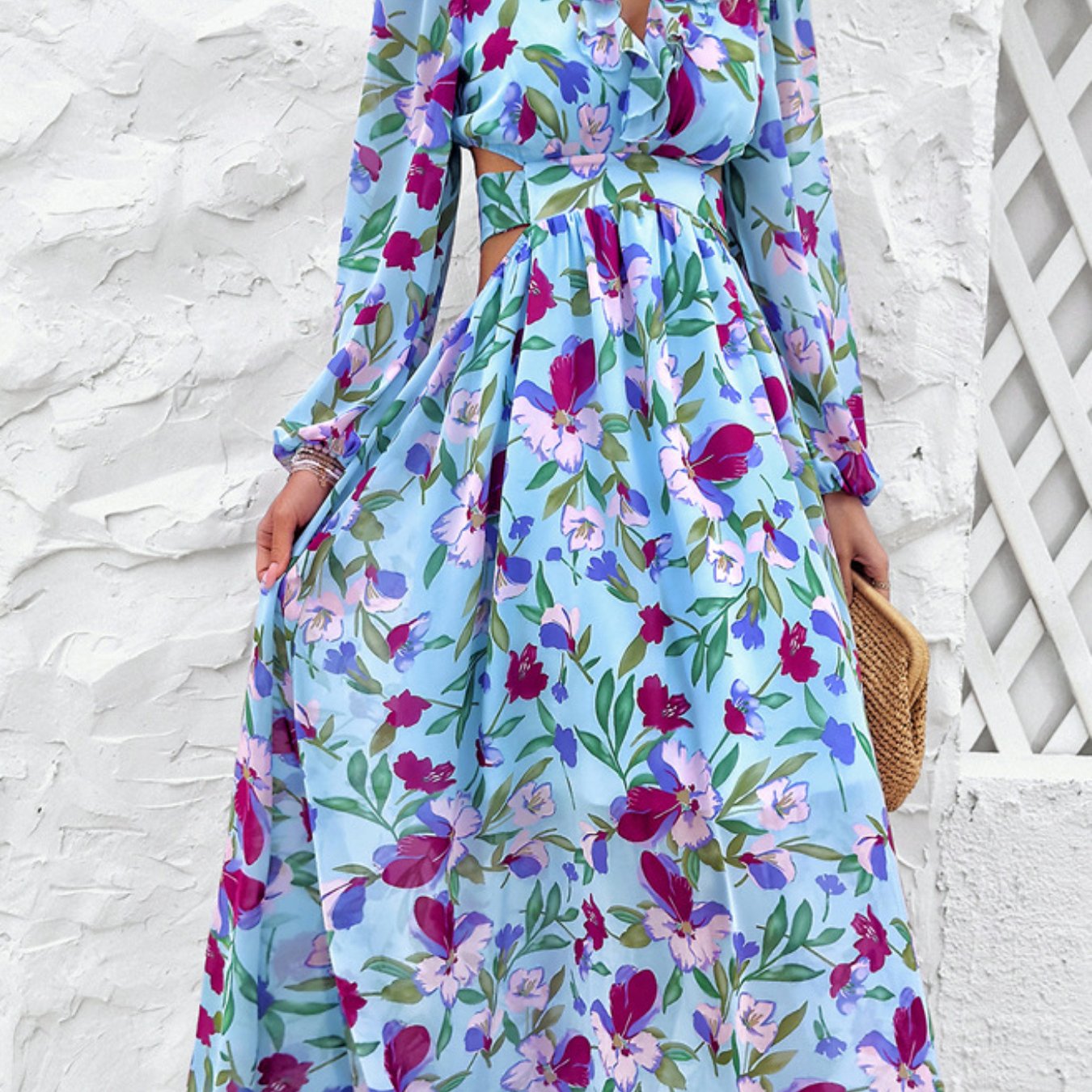Stylish Floral Dresses with V-Neck, Long-Sleeved& Waist-Cinching Design for A Comfortable Look- Holiday& Casual Outfit for Women