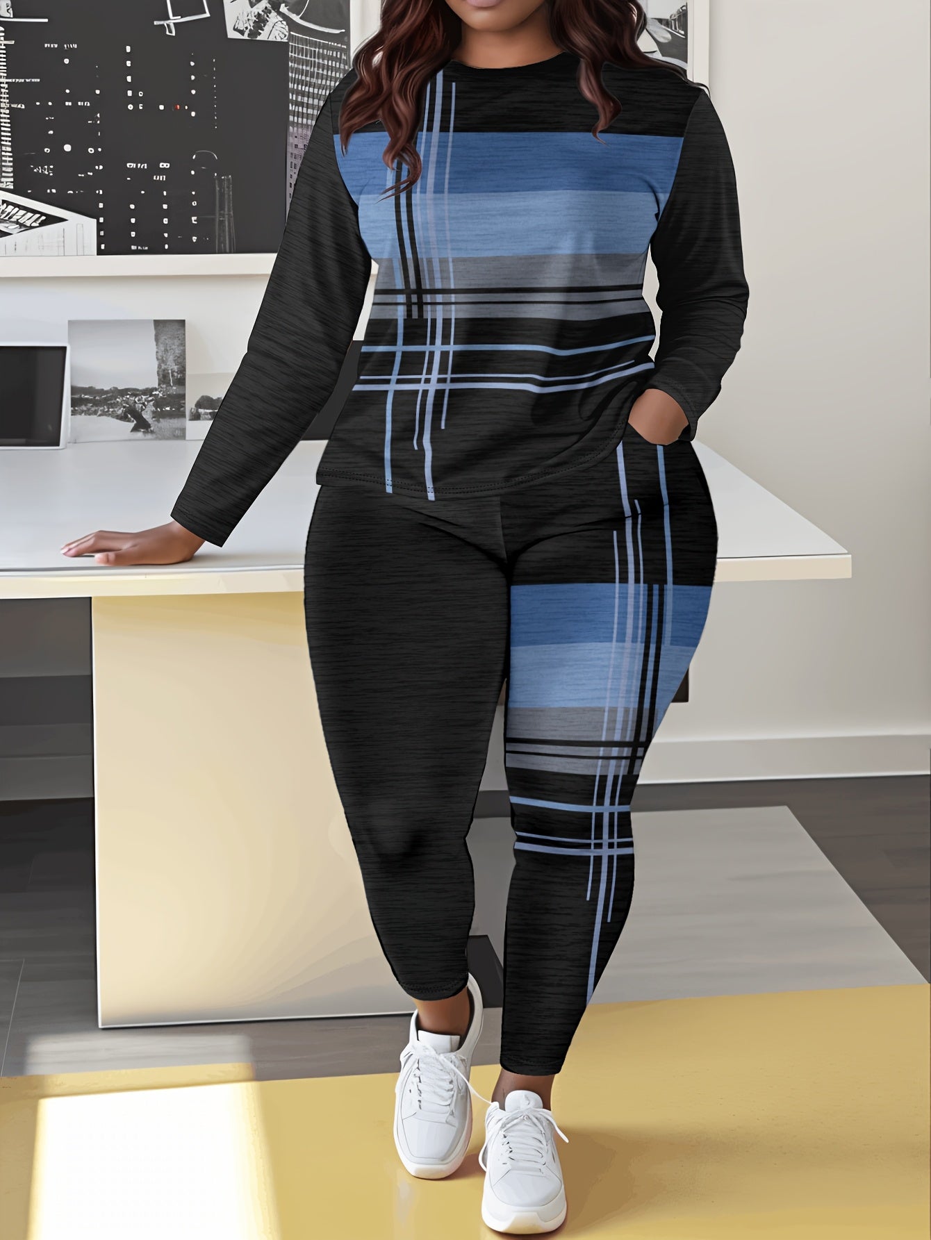 Women'S Casual Striped Print Long Sleeve Crew Neck Jumpsuit with Pockets, 100% Polyester Fabric, Slight Stretch Pullovers, Fashion Lash Sets for Everyday Wear