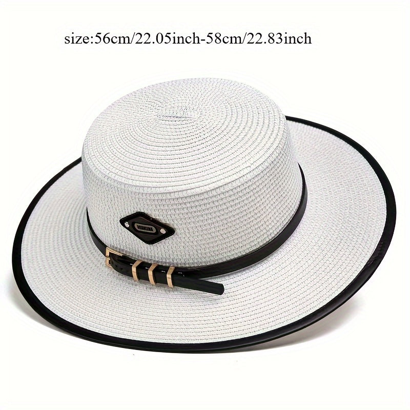 French Retro British Summer Flat Brim Hat - Adjustable Unisex Outdoor Wide Brim Hat with Decorative Buckle and Black Ribbon, Fashionable Sun Hat for Men and Women | Elegant Accessories | Exquisite Weaving, Stylish Headwear, C