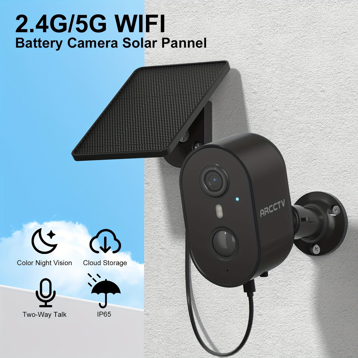 4MP Outdoor Security Camera With Solar Panel, Battery, Wireless Surveillance Camera, PIR Motion Detection And Alarm, Colour Night Vision, SD/Cloud Storage, Alexa Supported, 2-Way Audio, Black, 2.4G/5G WIFI
