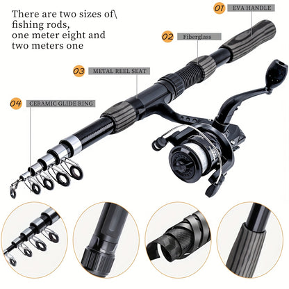 1.8-2.1m Telescopic Fishing Rod & Reel Combo with Carry Bag - Lightweight Fast Action Spinning Reel, Ambidextrous Left/Right Hand Operation, Medium Light Power For Saltwater & Freshwater Fishing, Ideal Gift For Christmas, Hal