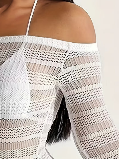 Mesh Long Sleeve Off-Shoulder Sunscreen Swimwear | Women'S Beach Sexy Bikini Single Cover-up with Hollow-out Sheer Design, Side Drawstring Adjustable Length, Ideal for Seaside Vacations or as a Unique Valentine'S Day Gift