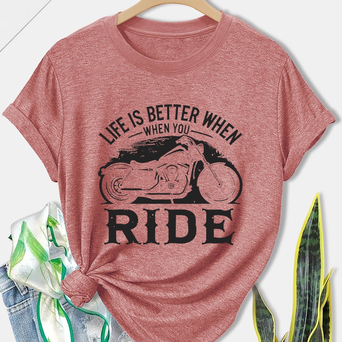 Women'S Motorcycle Graphic Long Sleeve T-Shirt - Turquoise Riding Slogan Print, Loose Fit Casual Top with Round Neck, All-Season Comfort for Motorcycle Enthusiasts, Outdoor Riding & Casual Attire, Breathable & Durable Apparel