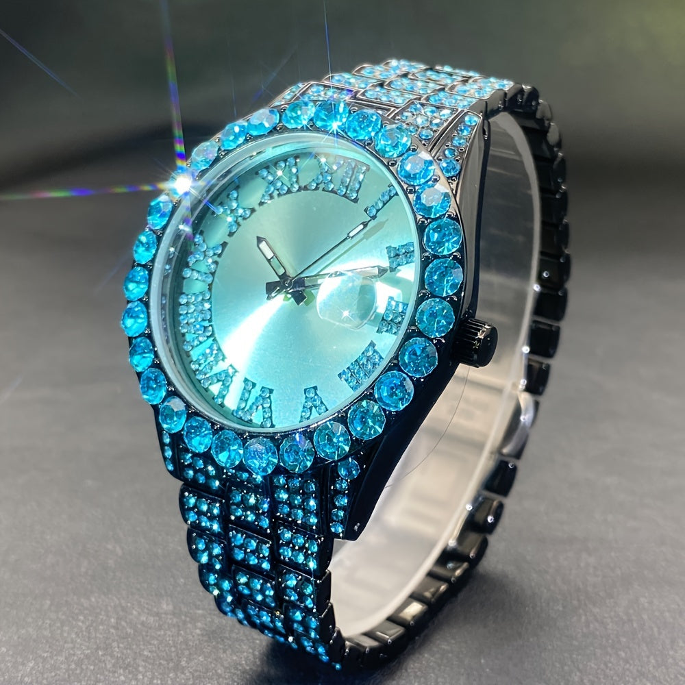 MISSFOX Luxury Rhinestone Couples Watch Compatible for - Ice Blue & Red Luminous Analog/, Calendar Chronograph (No Chronograph), Quartz Movement Wristwatch for Men & Women, Party & Casual Attire - Ideal Gift, Zinc Alloy Case/